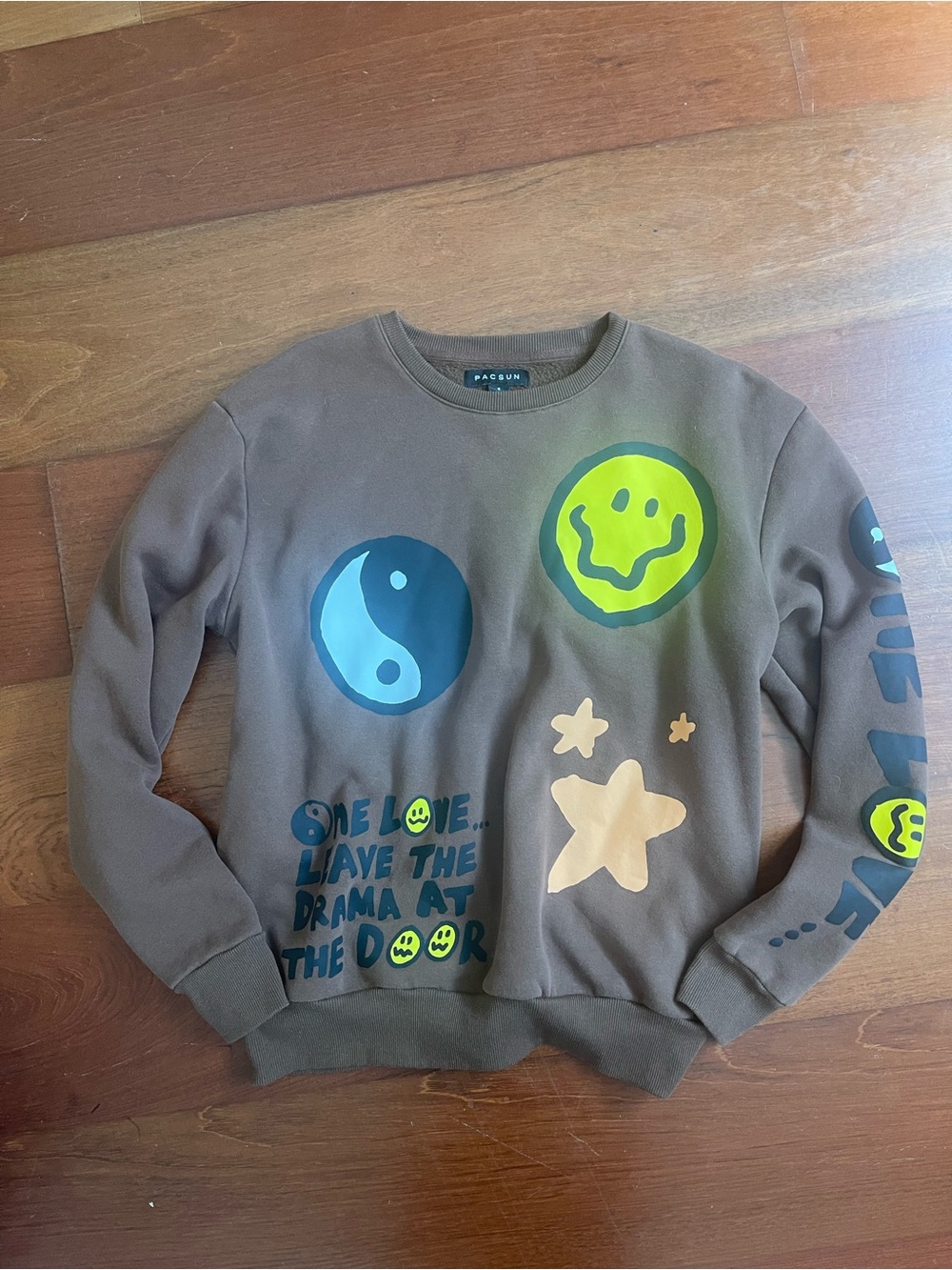 PacSun Brown Crewneck Sweater with Neon Green & Blue Graphics